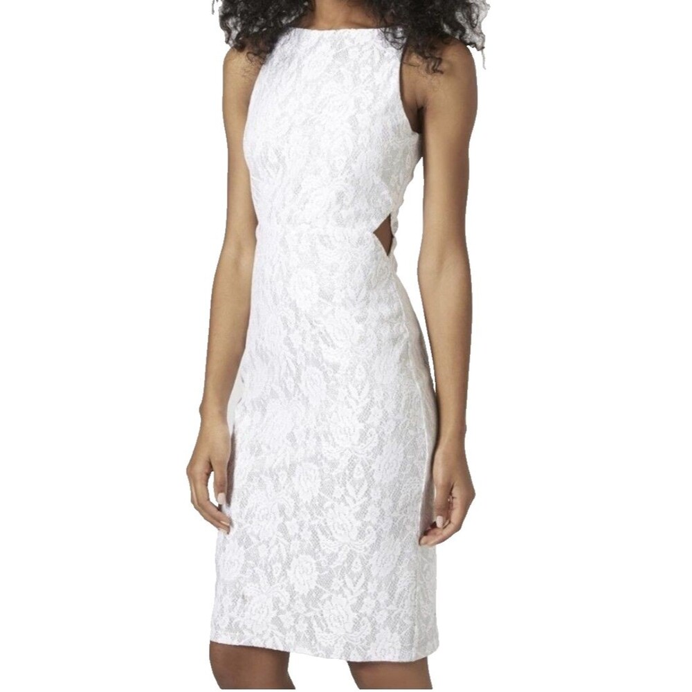 Topshop Women’s Dress Size 2 White Silver Lace Floral Sleeveless Cutout Sheath